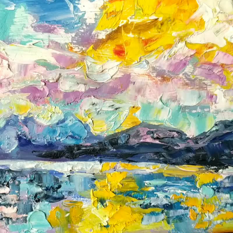 Sunrise Landscape Original Oil Painting Sky Lake Artwork Nature Mountains 油畫原作 - Posters - Wood Multicolor