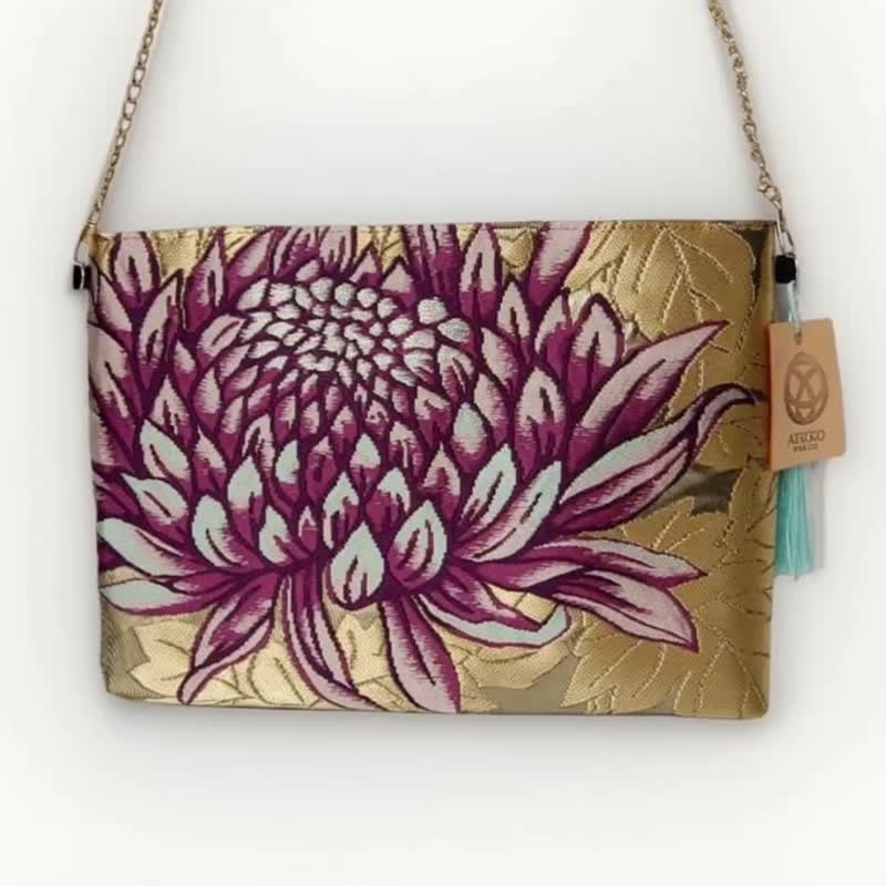 日本真絲和服袋帶肩背, 手工刺繡斜挎包, 環保再生時尚設計 - 側背包/斜背包 - 絲.絹 金色
