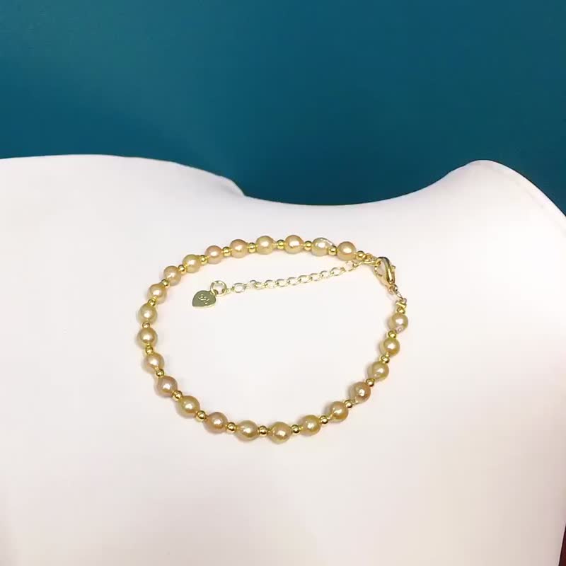 濃金天然愛迪生金珍珠手鏈 14k包金工藝 珍珠4MM強光微瑕 - 手鍊/手鐲 - 珍珠 