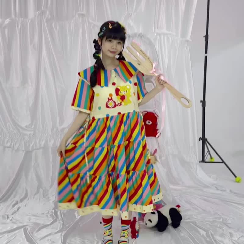Original illustration print Rainbow Diary Bear dress Japanese style cute girl waist - One Piece Dresses - Cotton & Hemp Multicolor