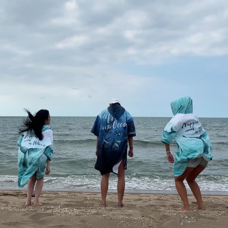 萬用快乾毛巾衣-幽藍鬼蝠魟  (連帽速乾斗篷/防風保暖/行動更衣) - 運動配件 - 聚酯纖維 藍色