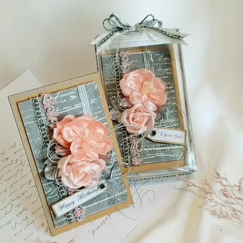 Rose peony ribbon flower handmade card (including gift box packaging can be customized) - Cards & Postcards - Plants & Flowers Pink