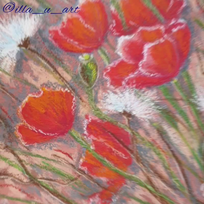 Red Poppies Painting Wildflowers Original Art Meadow Drawing Oil Pastel Painting - 牆貼/牆身裝飾 - 紙 紅色