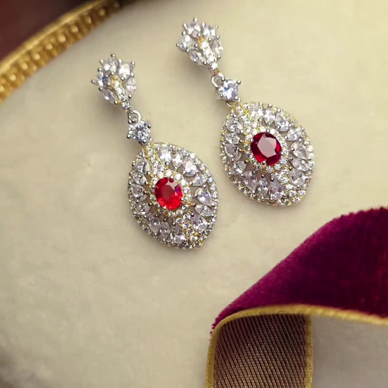 | Genuine Pigeon Blood Ruby, Natural Unheated Burmese | Wealth • Health • Love - Sterling Silver Lavishly Set Earrings - ต่างหู - เครื่องเพชรพลอย 