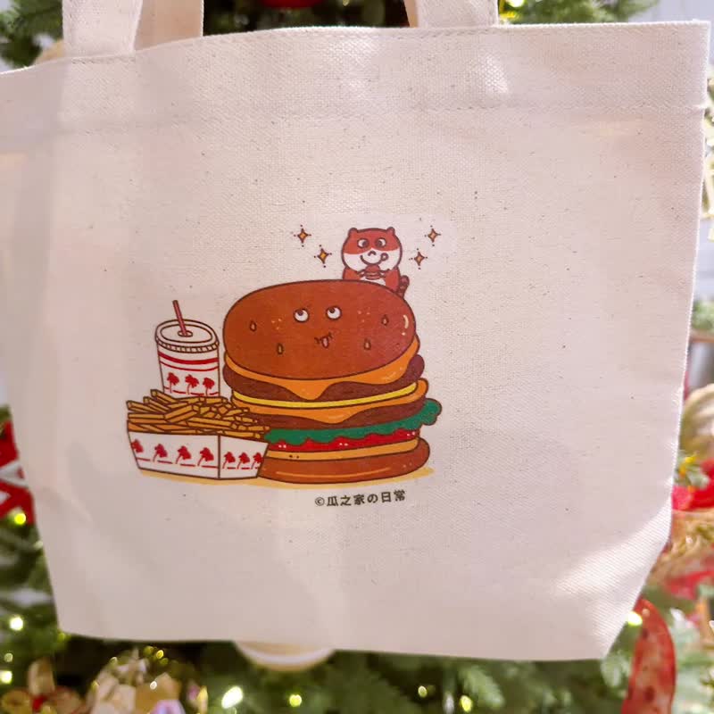 California Hamburger's Daily Cat Canvas Bag (Lunch Bag) Hand Printed - กระเป๋าถือ - ผ้าฝ้าย/ผ้าลินิน สีแดง