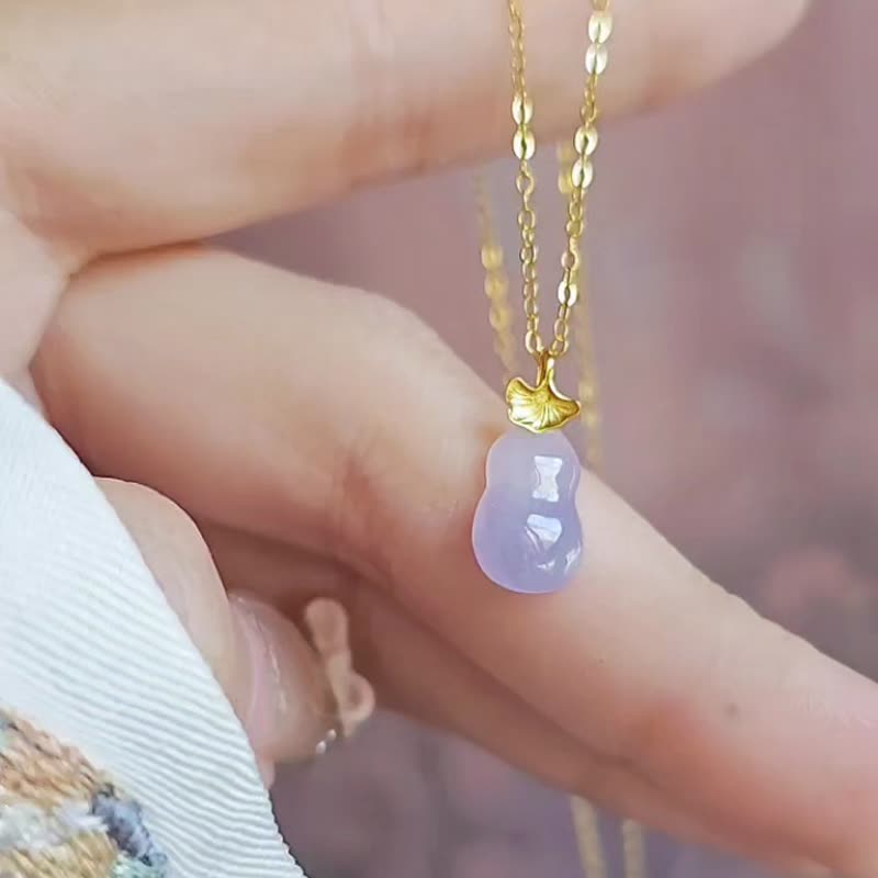 招財•福氣•貴人|純18k金銀杏葉冰膠紫小福瓜|緬甸A貨翡翠吊墜 - 項鍊 - 玉石 