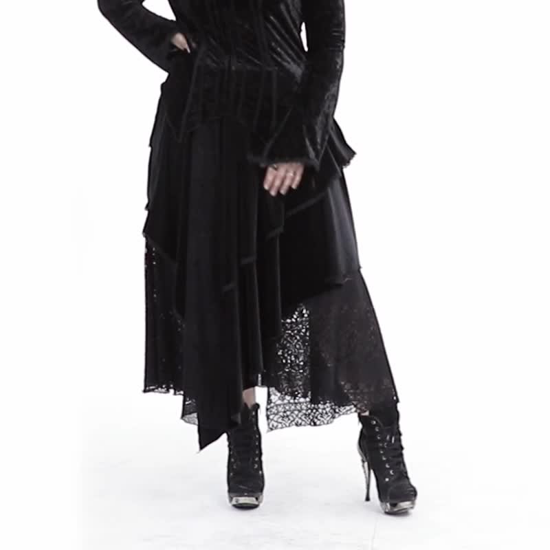 [Large Size] Pagan Classic Magic Layered Velvet Lace Skirt - กระโปรง - วัสดุอื่นๆ สีดำ
