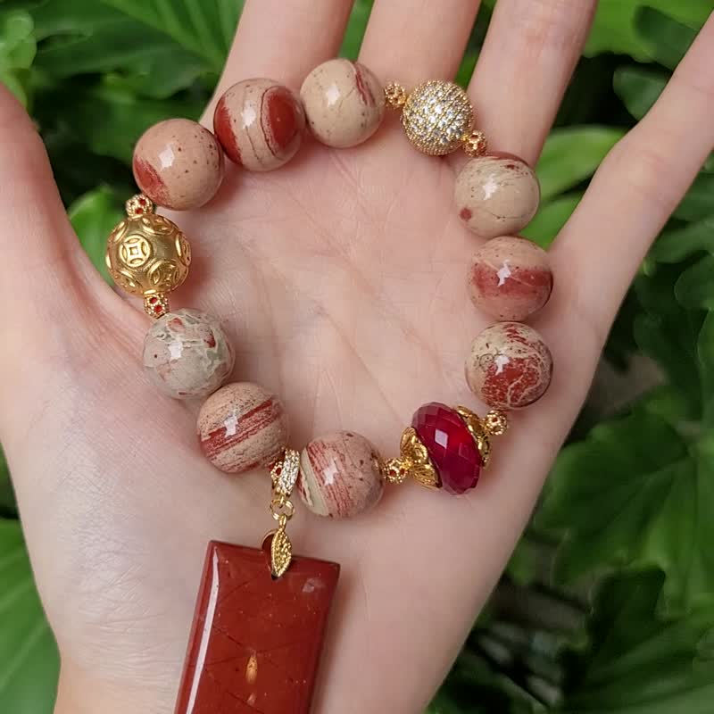 頂級紅碧玉 無飾牌 許願牌 平安無事 招財 大寶石手鍊 單品 禮物 - 手鍊/手環 - 寶石 紅色