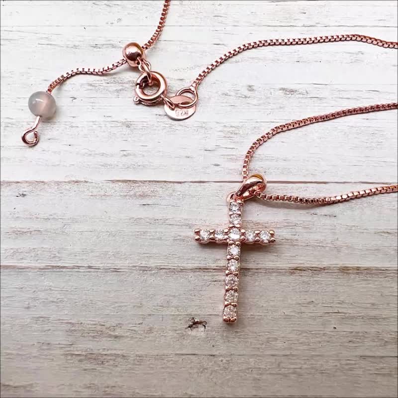 Cross Necklace Thick Rose Gold Length 19.6mm Pendant Rose Gold Silver Chain - Collar Necklaces - Sterling Silver Gold