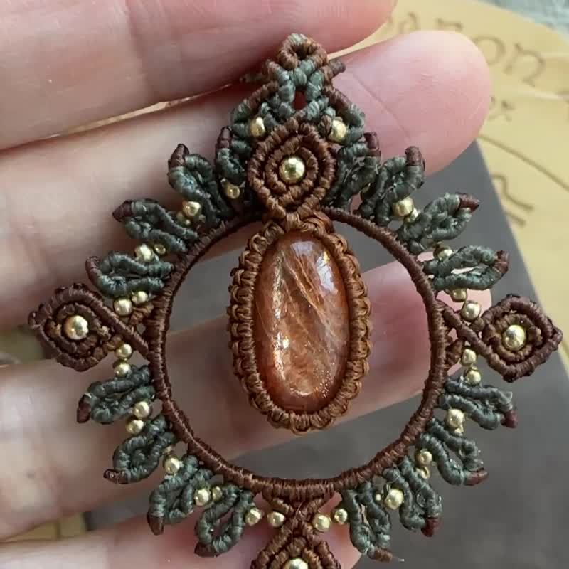 N1194 蠟線編織 太陽石 銅珠 頸鏈 (可調長度) - 項鍊 - 寶石 咖啡色