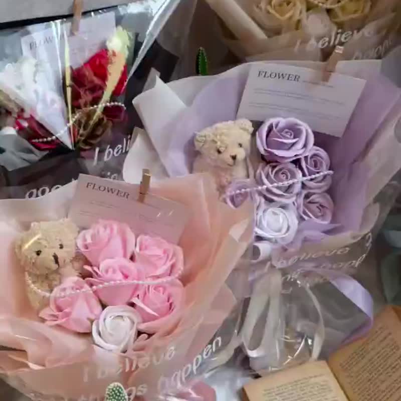 玫瑰熊熊花束 香皂花 玫瑰花 花束 伴娘禮 生日禮物 聖誕節 情人 - 乾燥花/永生花 - 植物．花 黃色