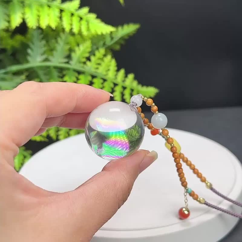 Pure body Asai rainbow white crystal ball pendant necklace high frequency energy purification spiritual practice with purple kumihimo - Necklaces - Crystal White