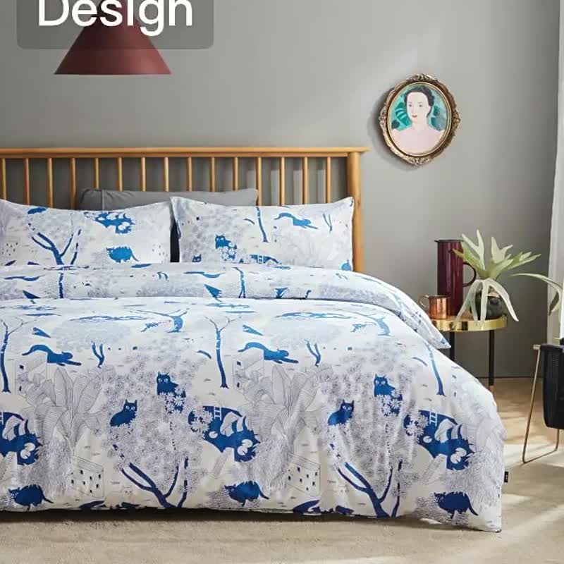 藍印喵 原創手繪貓咪空調薄被子蓋毯 加大雙人兒童夏天家居寢具 - 被/毛毯 - 棉．麻 藍色