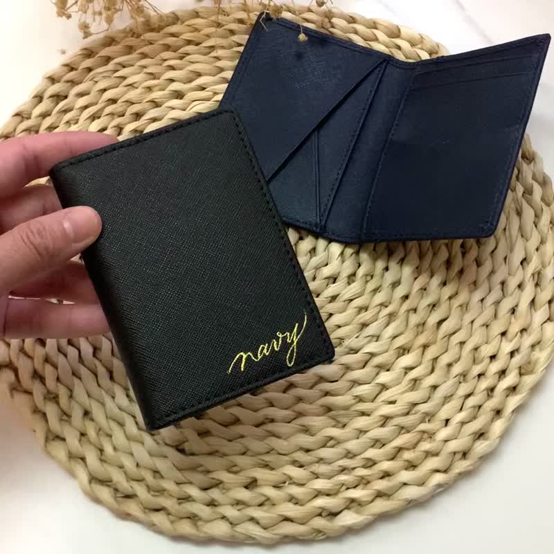 [Customized] Genuine leather credit card holder with cross-pattern hot stamping name customization, free engraving customization - ที่ใส่บัตรคล้องคอ - หนังแท้ สีดำ