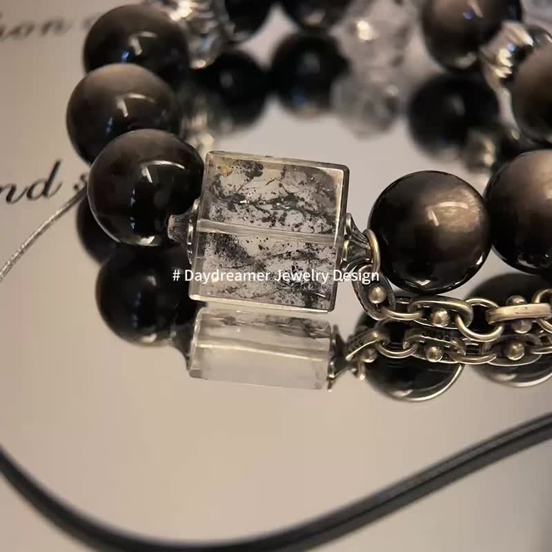 銀曜石晶洞瑪瑙閃靈黑髮黑幽靈純銀設計款手鏈 - 手鍊/手環 - 水晶 黑色