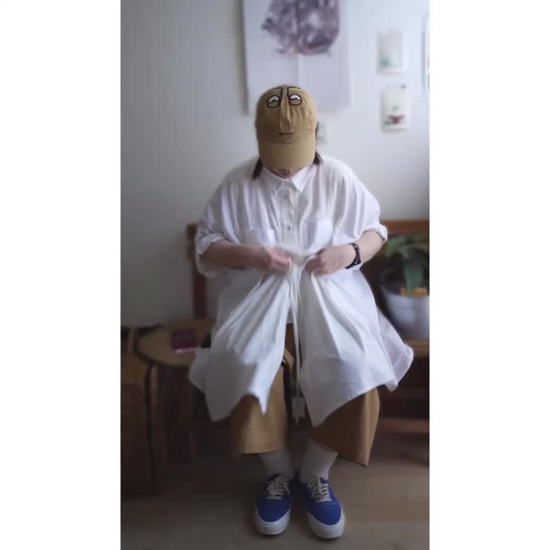 純白超寬版拼接綁帶襯衫洋裝 - 女襯衫 - 棉．麻 白色