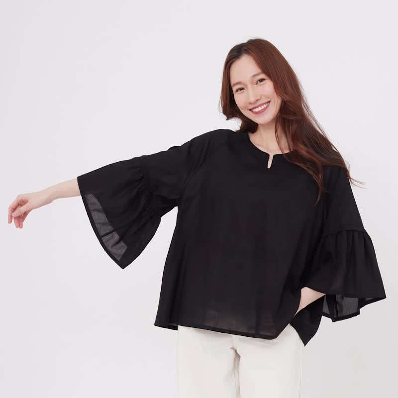 Elsa Ruffle-Sleeve Cotton Top / Black - เสื้อผู้หญิง - ผ้าฝ้าย/ผ้าลินิน สีดำ