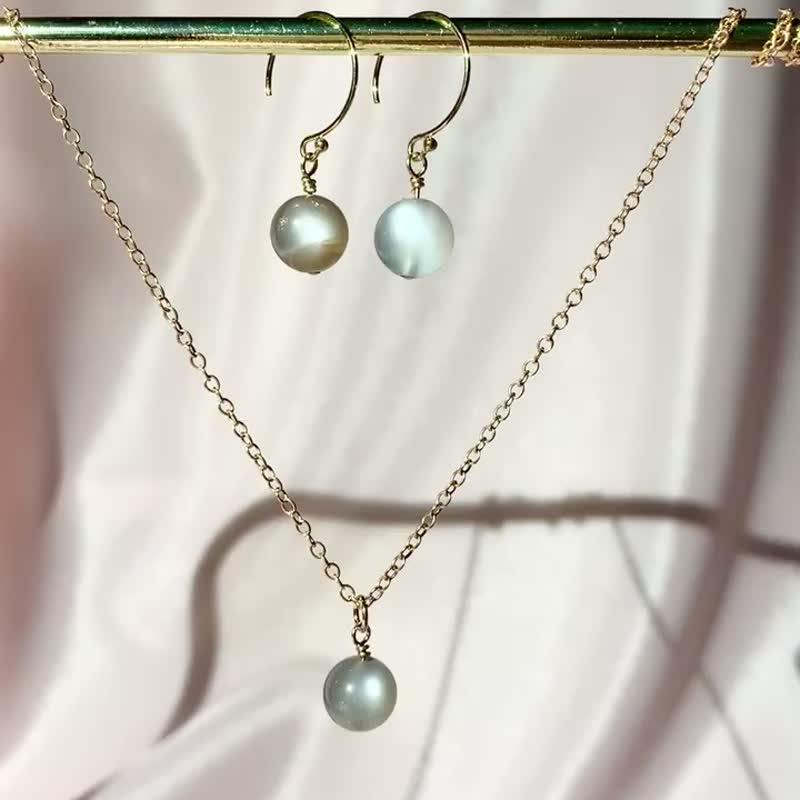 Grey Moon Necklace & Earring Set - 14KGF - สร้อยคอ - เครื่องประดับพลอย สีเทา