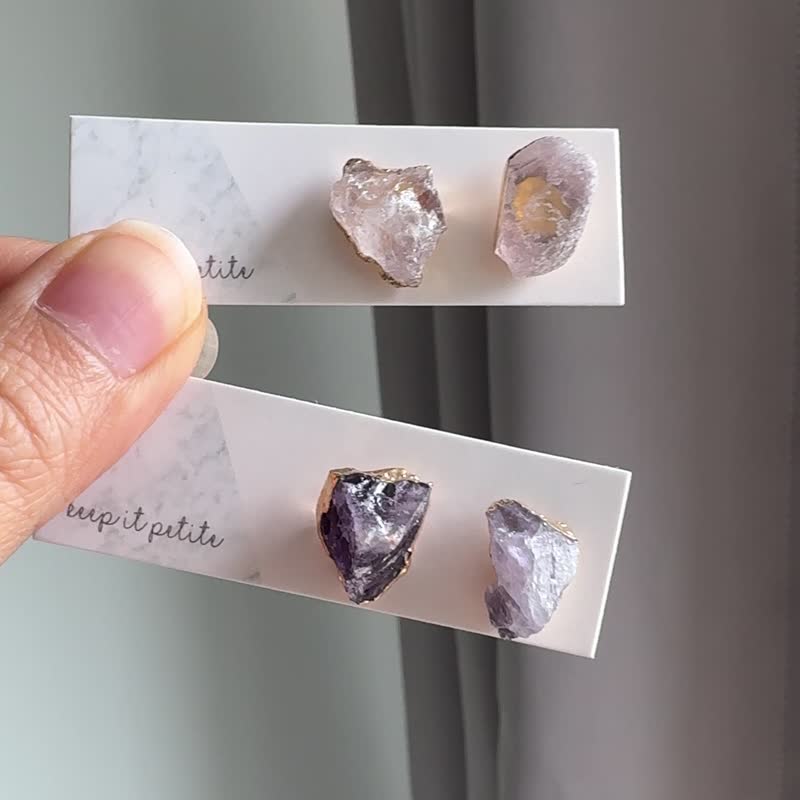 Irregular faceted mineral rose quartz amethyst earrings - ต่างหู - เครื่องประดับพลอย สีม่วง
