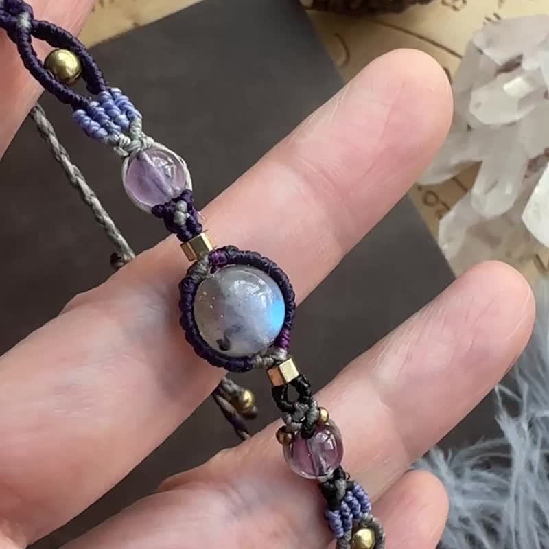 BB174 民族風 蠟線編織 拉長石 紫水晶 銅珠 手環 (可調長度) - 手鍊/手環 - 寶石 灰色