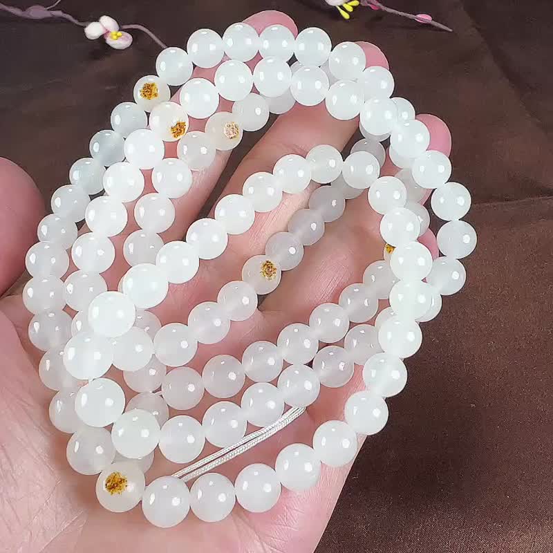 天然新疆和田玉羊脂玉籽料 珠徑8mm圓珠108顆佛珠手鏈項鏈 - 手鍊/手環 - 玉石 