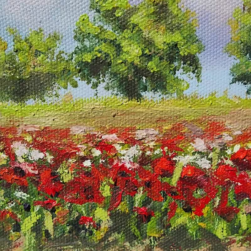 Poppies Painting Landscape Original Art Poppies Fieldes Scene Artwork - วาดภาพ/ศิลปะการเขียน - ลินิน 