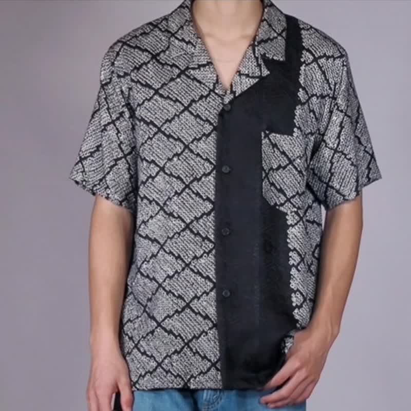 【日本製】Kimono remake mens shirt M, half sleeve, Shibori tie dye, soft silk - Men's Shirts - Silk Black