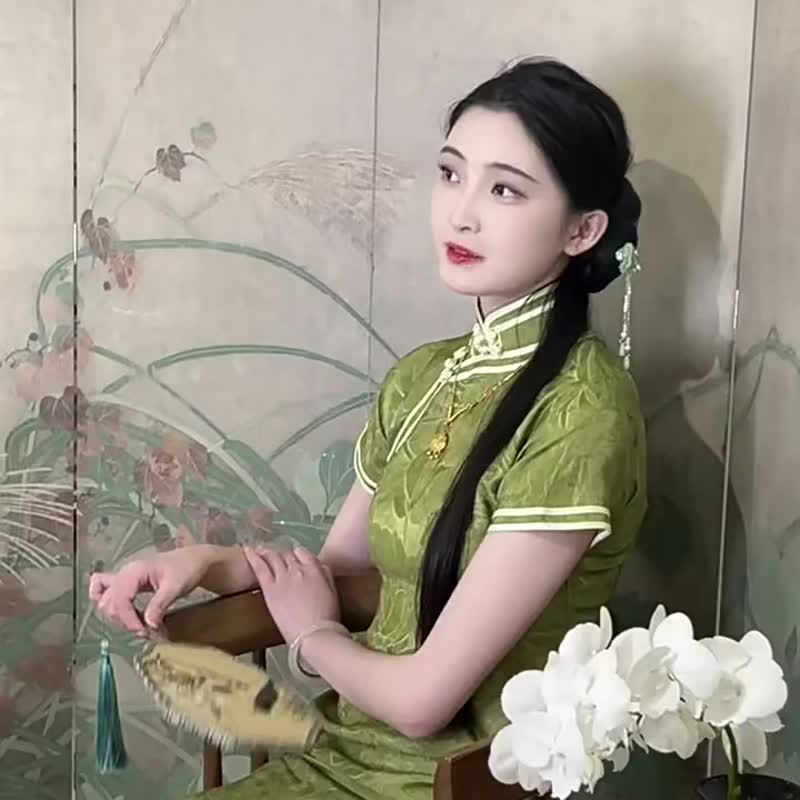 柳色新夏季新品中長款旗袍高級氣質簡約立領有省顯瘦綠色暗紋 - 旗袍/改良式旗袍 - 其他材質 綠色