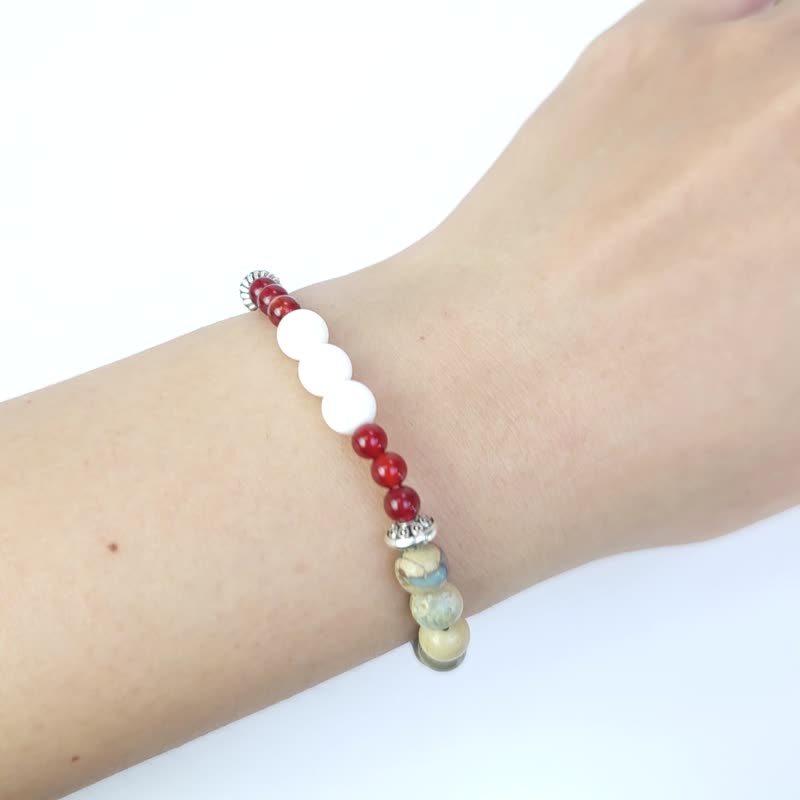 Ancient Ode to Qiong Jade (White Han Jade/Natural Shoushan Stone/Carnelian) (14cm) - สร้อยข้อมือ - หิน สีแดง