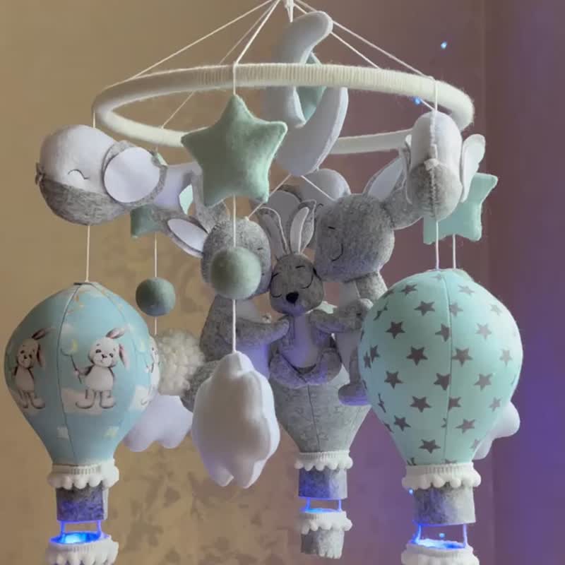 Bunny baby mobile Musical mobile crib Baby shower gift Nursery mobile boy - Kids' Toys - Other Materials Blue