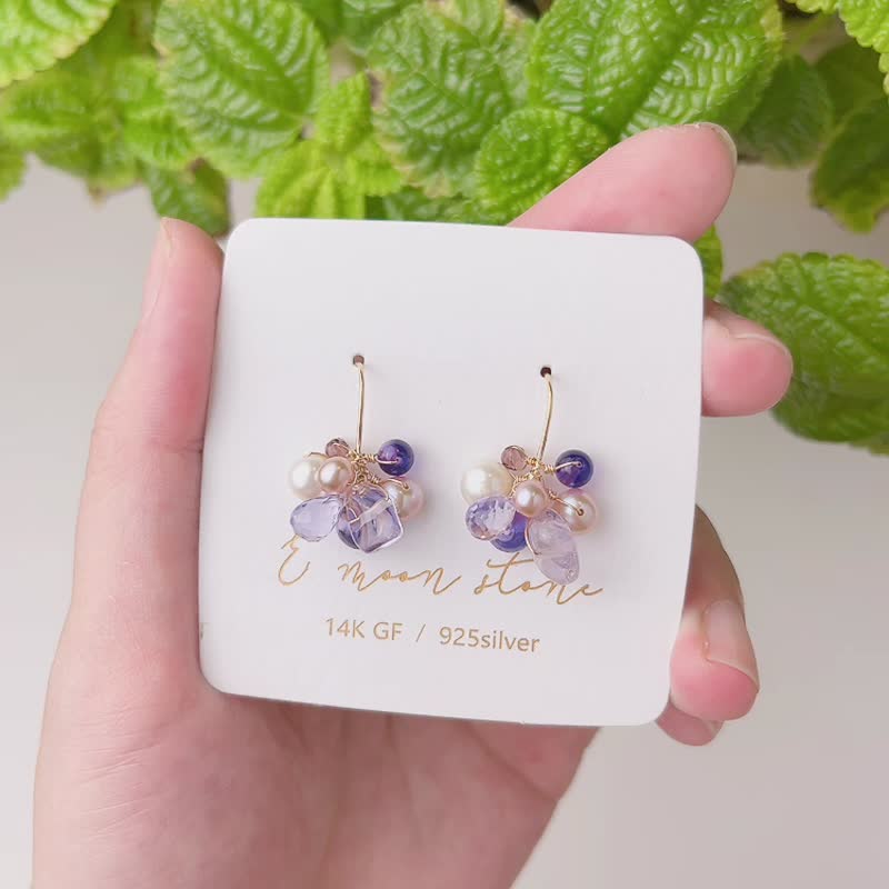 Bridal Bouquet Amethyst Cordierite Pearl Earrings - ต่างหู - คริสตัล สีม่วง