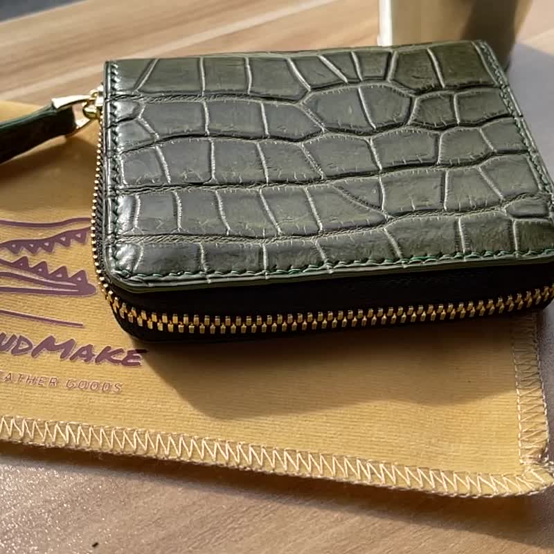 Handmade dark green matte crocodile leather zipper loose paper Silver - กระเป๋าสตางค์ - หนังแท้ สีเขียว