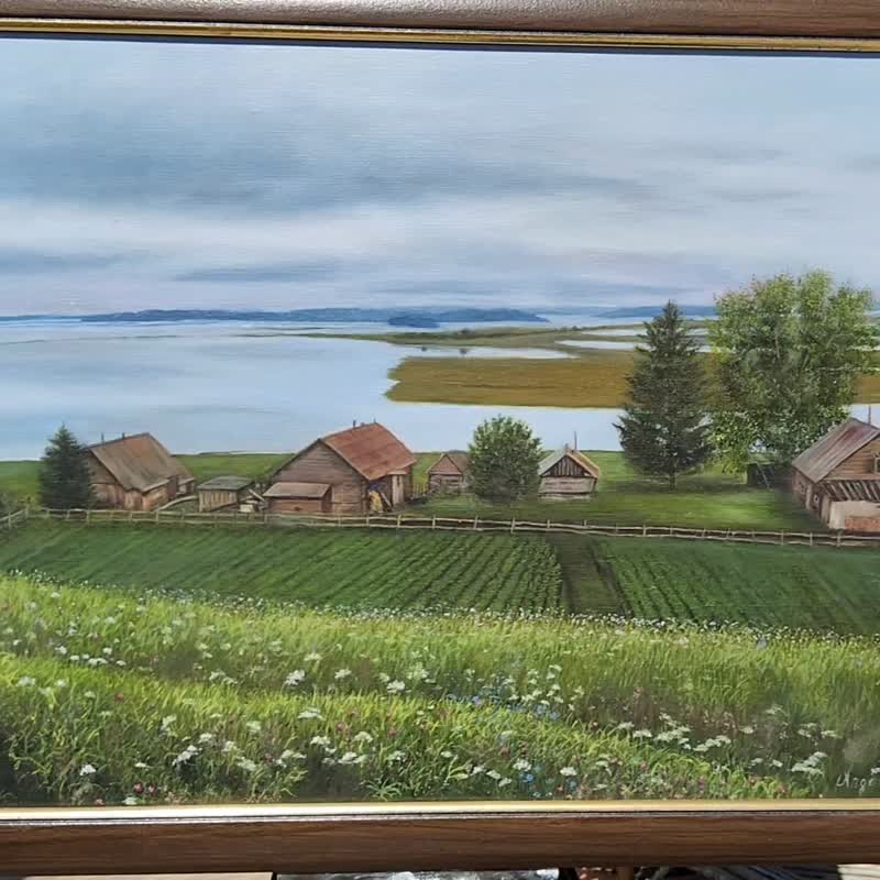 Summer Countryside Oil Painting Original Art 52 x 72 cm Vintage Landscape Scene - วาดภาพ/ศิลปะการเขียน - ลินิน 
