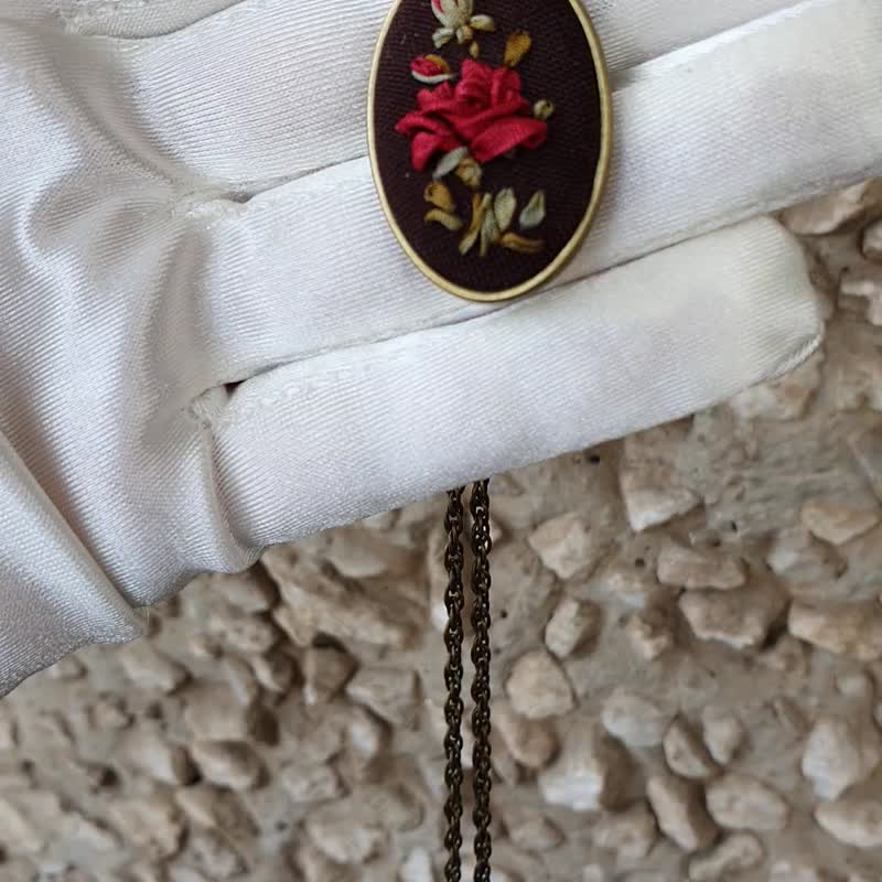 Ribbon embroidered pendant for her, embroidery jewelry red rose necklace - Necklaces - Silk Red