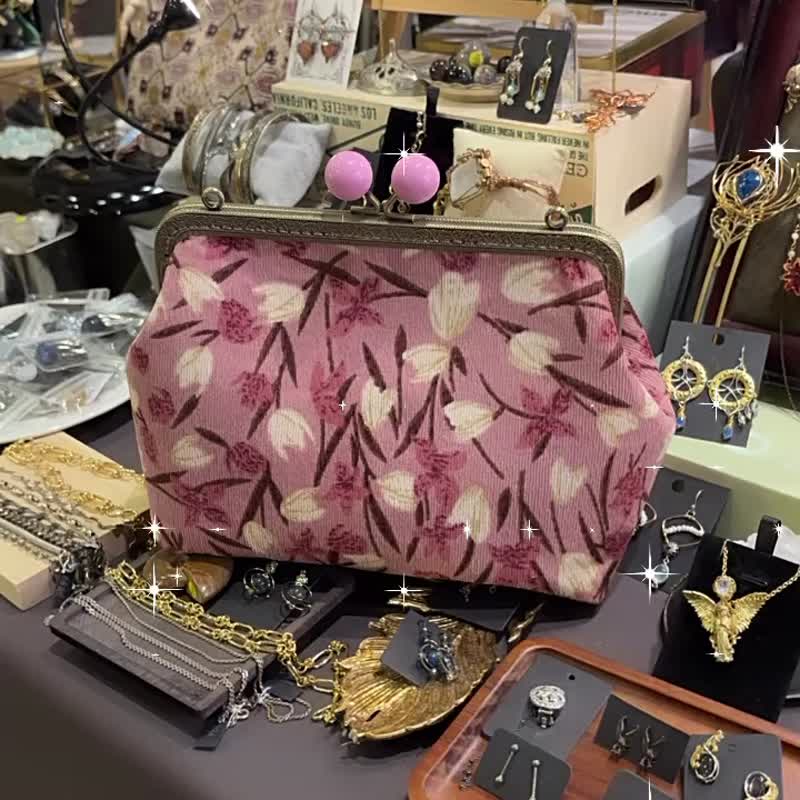 MBC Handmade Corduroy Pink Purple Tulip 20cm Frame Kiss Lock Bag - Messenger Bags & Sling Bags - Cotton & Hemp Pink