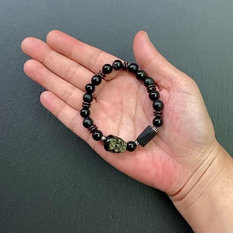 Black Tourmaline Raw Stone Obsidian Frosted Black Agate Coconut Shell Stone Pi Xiu Personalized Steel Bracelet Customized - สร้อยข้อมือ - คริสตัล สีดำ