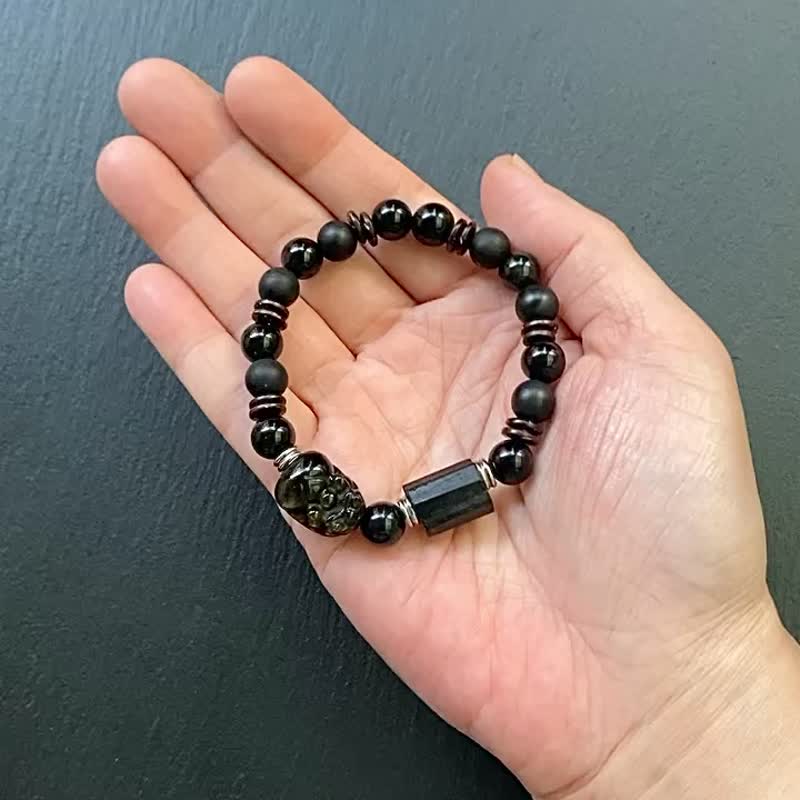 黑碧璽原石 黑曜石 磨砂黑瑪瑙 椰殼 金曜石貔貅 個性鋼手鍊 客製 - 手鍊/手環 - 水晶 黑色