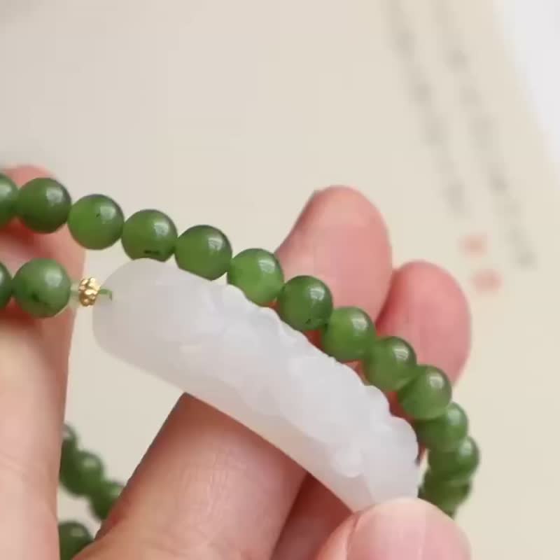 Natural Hetian Jasper double circle bracelet with Hetian jade white jade carved hand tag - Bracelets - Jade 