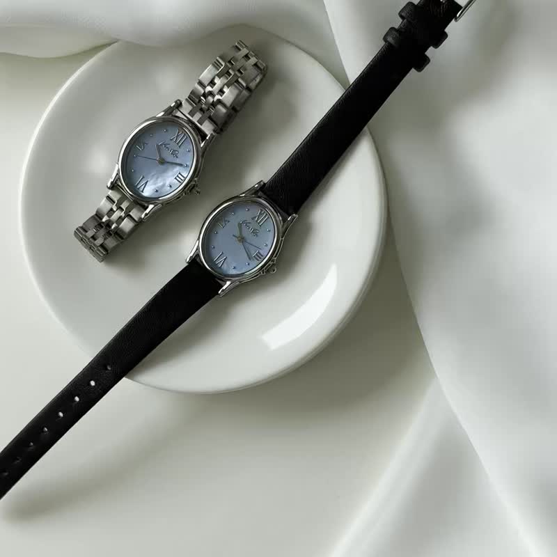 Ven&Qu Gem-Silver/Aquamarine (Brown Leather) - นาฬิกาผู้หญิง - โลหะ สีน้ำเงิน