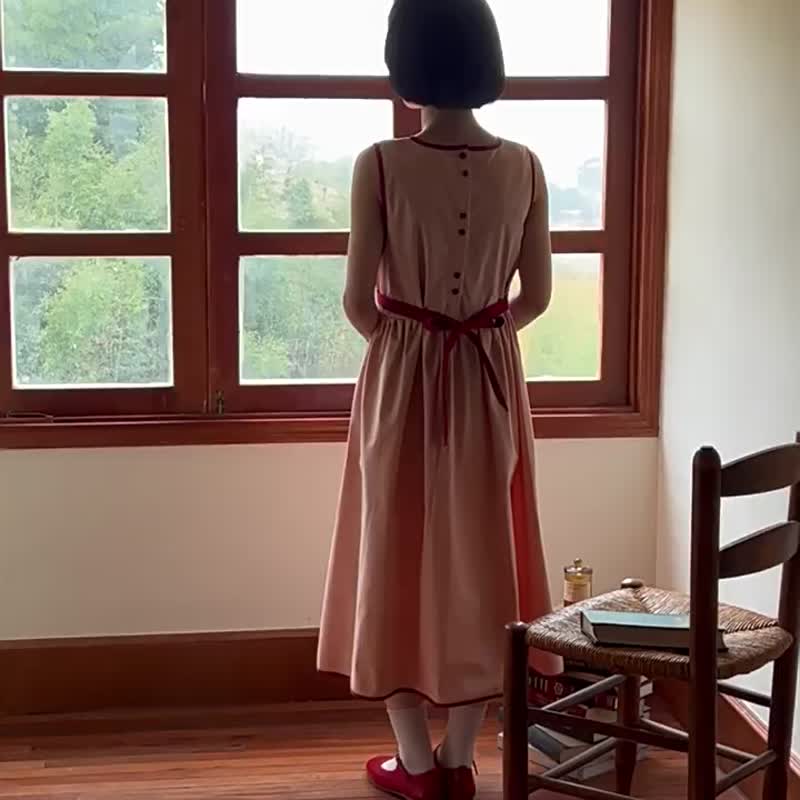 奶油粉色 無袖洋裝連身裙+娃娃領襯衫套裝 復古少女日系兩件套 - 女襯衫 - 棉．麻 粉紅色