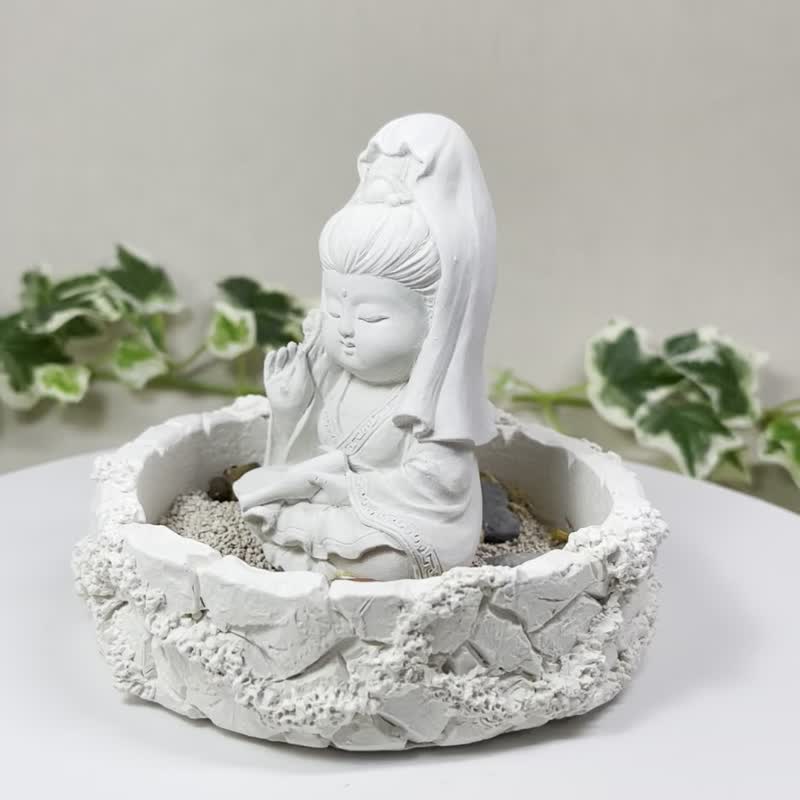 神明公仔 淨念吉祥小佛之寶瓶觀音 中盤套組 水泥 佛 宗教 - 香氛/精油/擴香 - 水泥 灰色