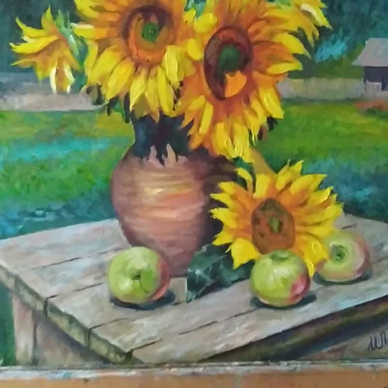 Flowers Painting Apple Original Art Fruit Still life Artwork Floral Bouquet - Posters - Other Materials Yellow