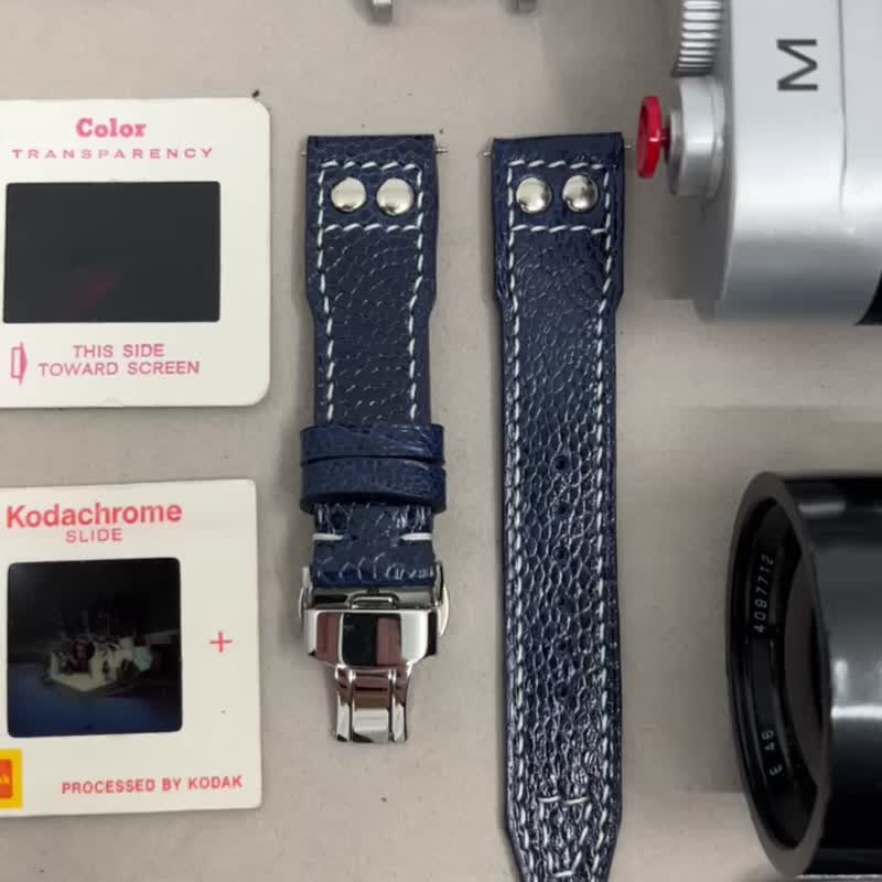 Blue Ostrich Leg Big Pilot Leather Watch Strap with Rivets, 22mm, 21mm Gift Idea - สายนาฬิกา - หนังแท้ สีน้ำเงิน