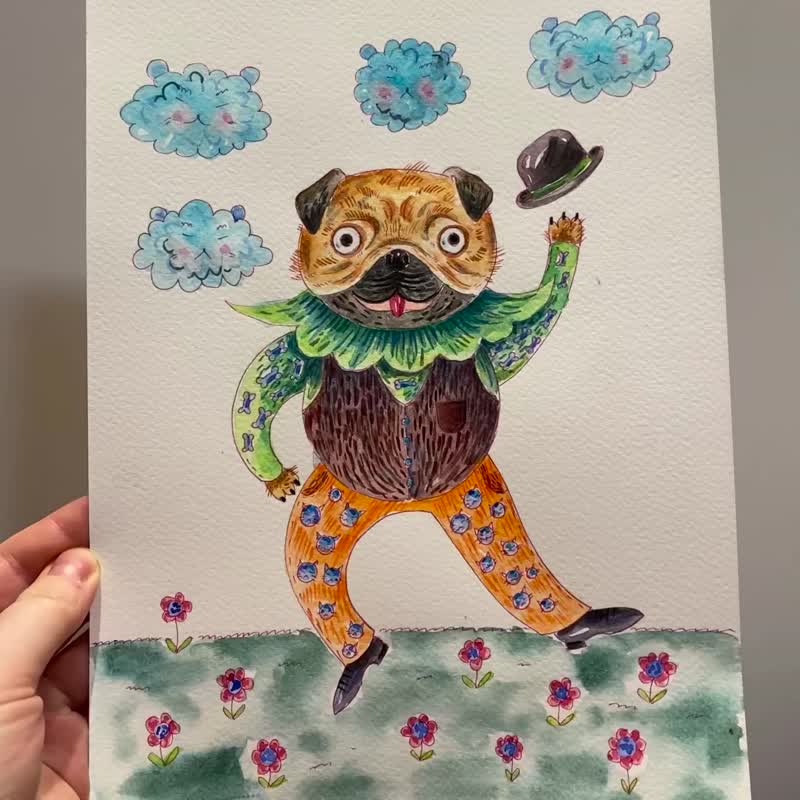 Original Watercolor Pug Painting Cute Dog Illustration For Children - Posters - Paper Multicolor