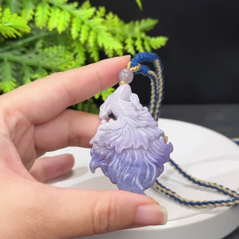 High-quality gradient purple coral jade pendant necklace high-porcelain jade hand-carved goldfish year after year of abundance and prosperity - Necklaces - Jade Purple