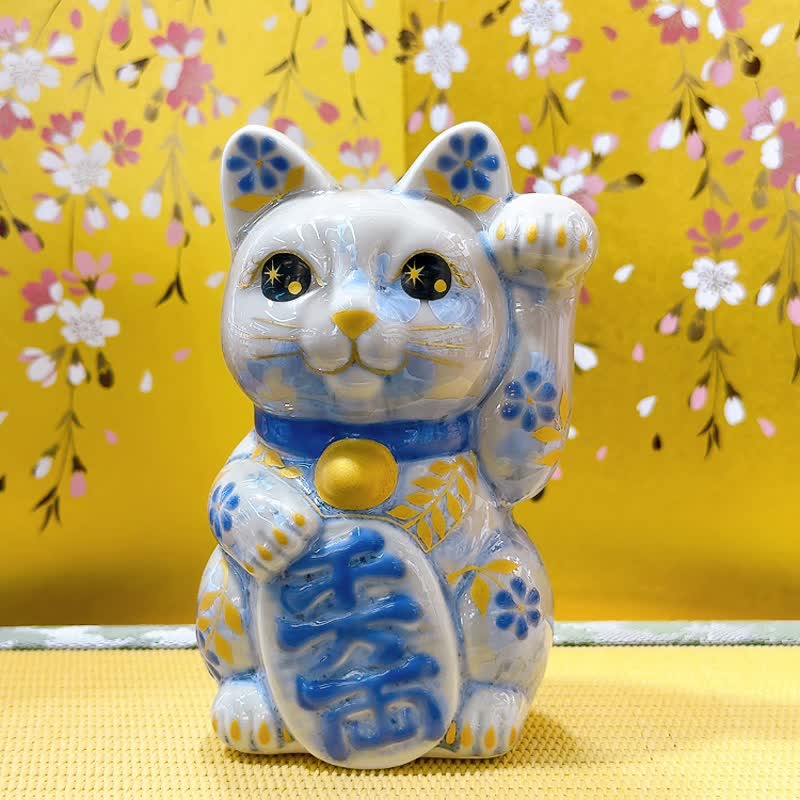 【藤韻聚寶】日本清水燒招財貓 |花結晶 銀藤 - 体花 千万両 左 - 擺飾/家飾品 - 瓷 藍色