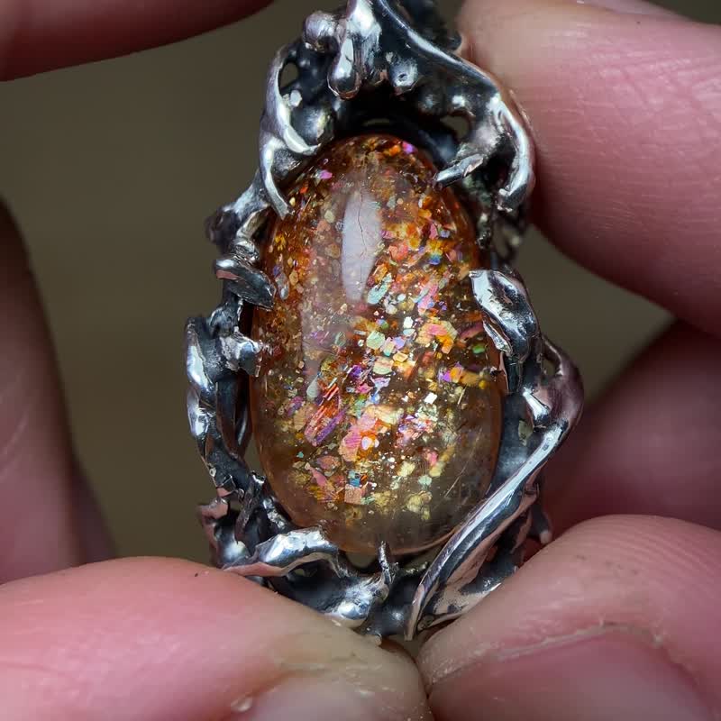 天然礦石 / 太陽石 / 金草莓 / 純銀項鍊 - 項鍊 - 寶石 橘色