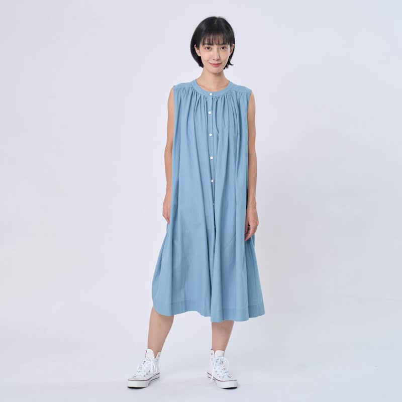 Birdie無袖長版開襟棉麻襯衫洋裝 霧藍 - 洋裝/連身裙 - 棉．麻 藍色