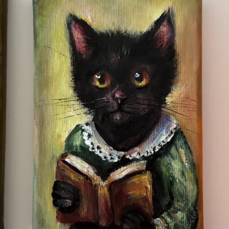 Black Cat canvas painting, Cute animal, Cat wall art, Black kitten, Cat decor - 壁貼/牆壁裝飾 - 棉．麻 多色