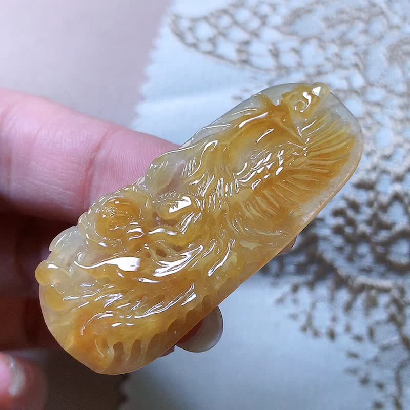 冰飄黃翡翠鳳凰 | 天然A貨翡翠 | 送禮 - 吊飾/掛飾 - 玉石 橘色